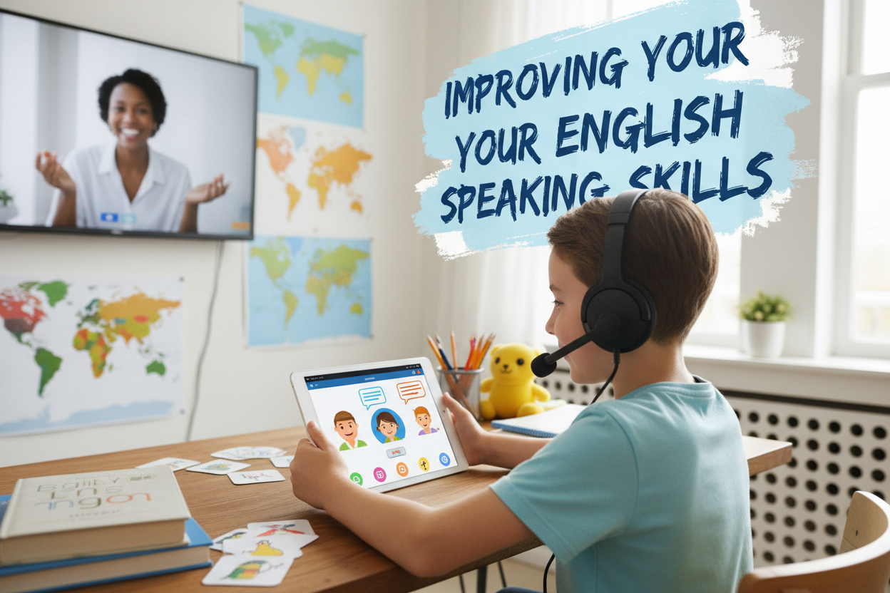 Firefly Gemini Flash Create an image where a kid is improving their english speaking skills and also menti 183587