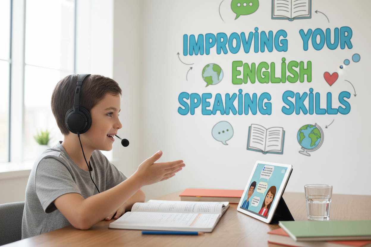 Firefly Gemini Flash Create an image where a kid is improving their english speaking skills and also menti 98904