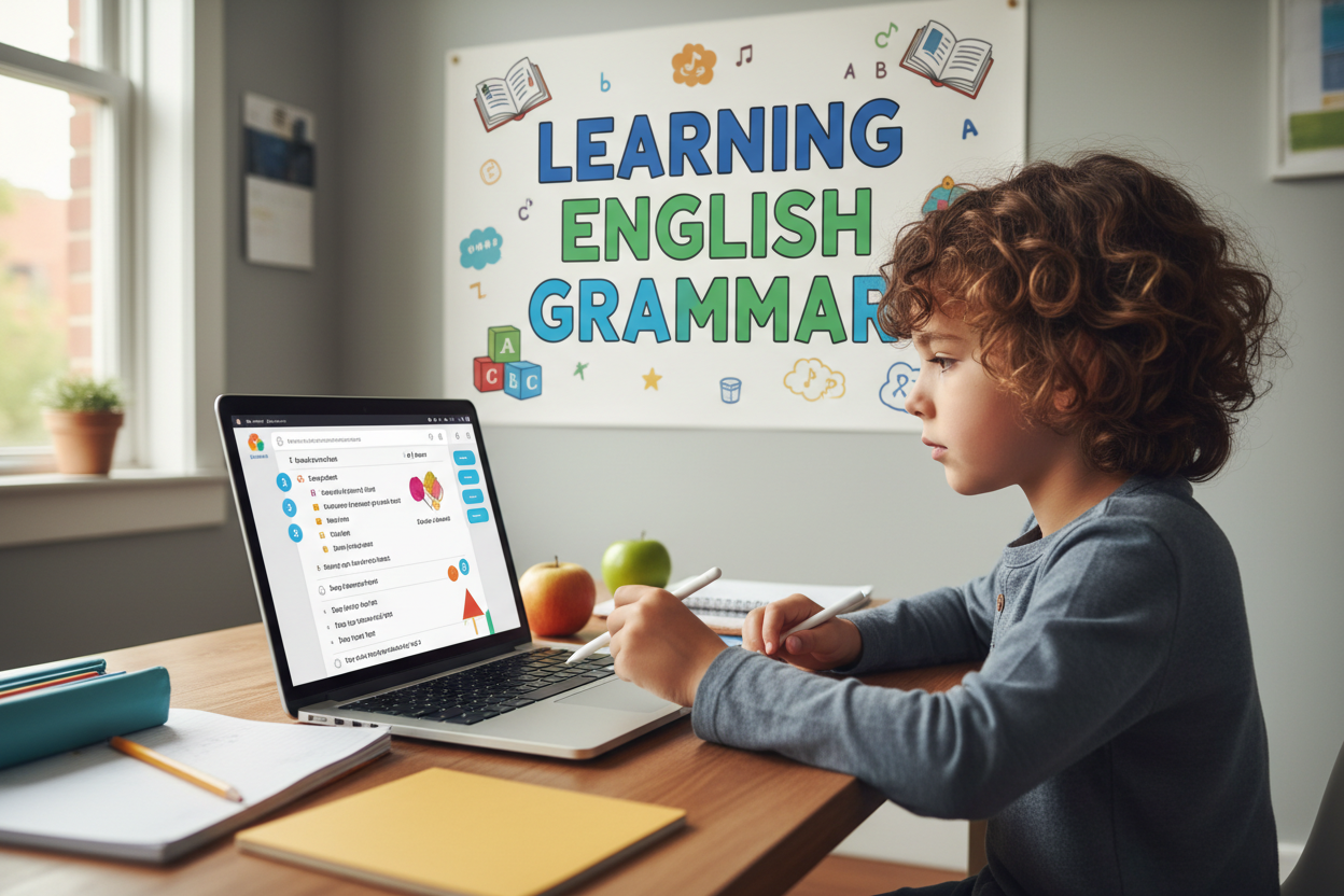 Firefly Gemini Flash Create an image where a kid is learning english grammer online and also mention the w 370928