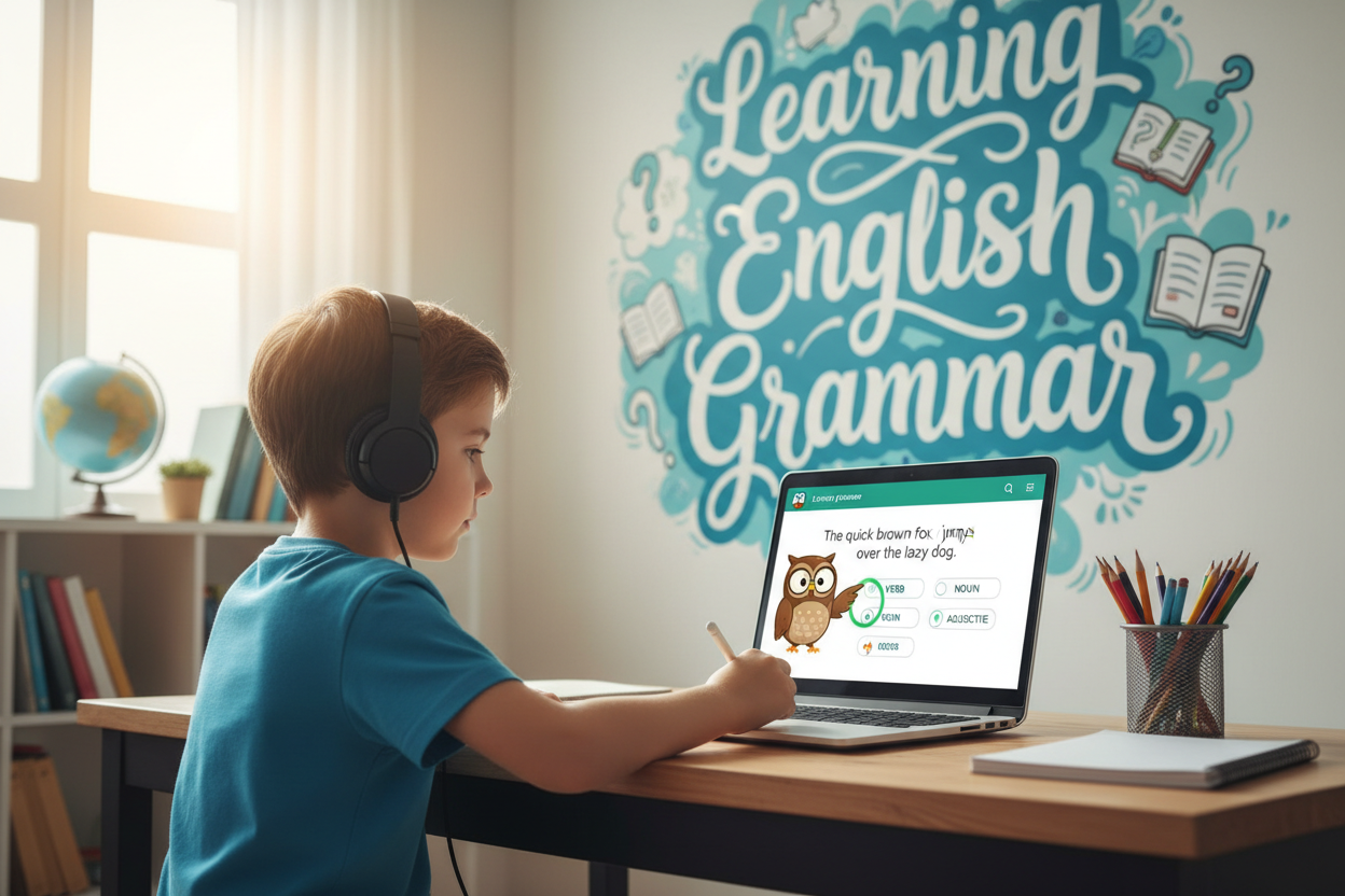 Firefly Gemini Flash Create an image where a kid is learning english grammer online and also mention the w 802664