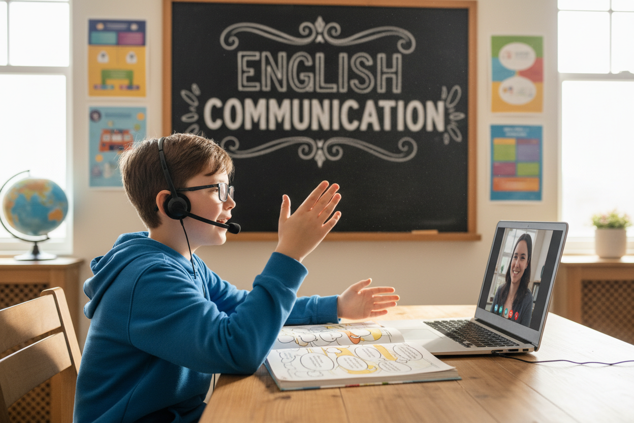 Firefly Gemini Flash create an image where a kid is improving thier english communication skills and also 902618