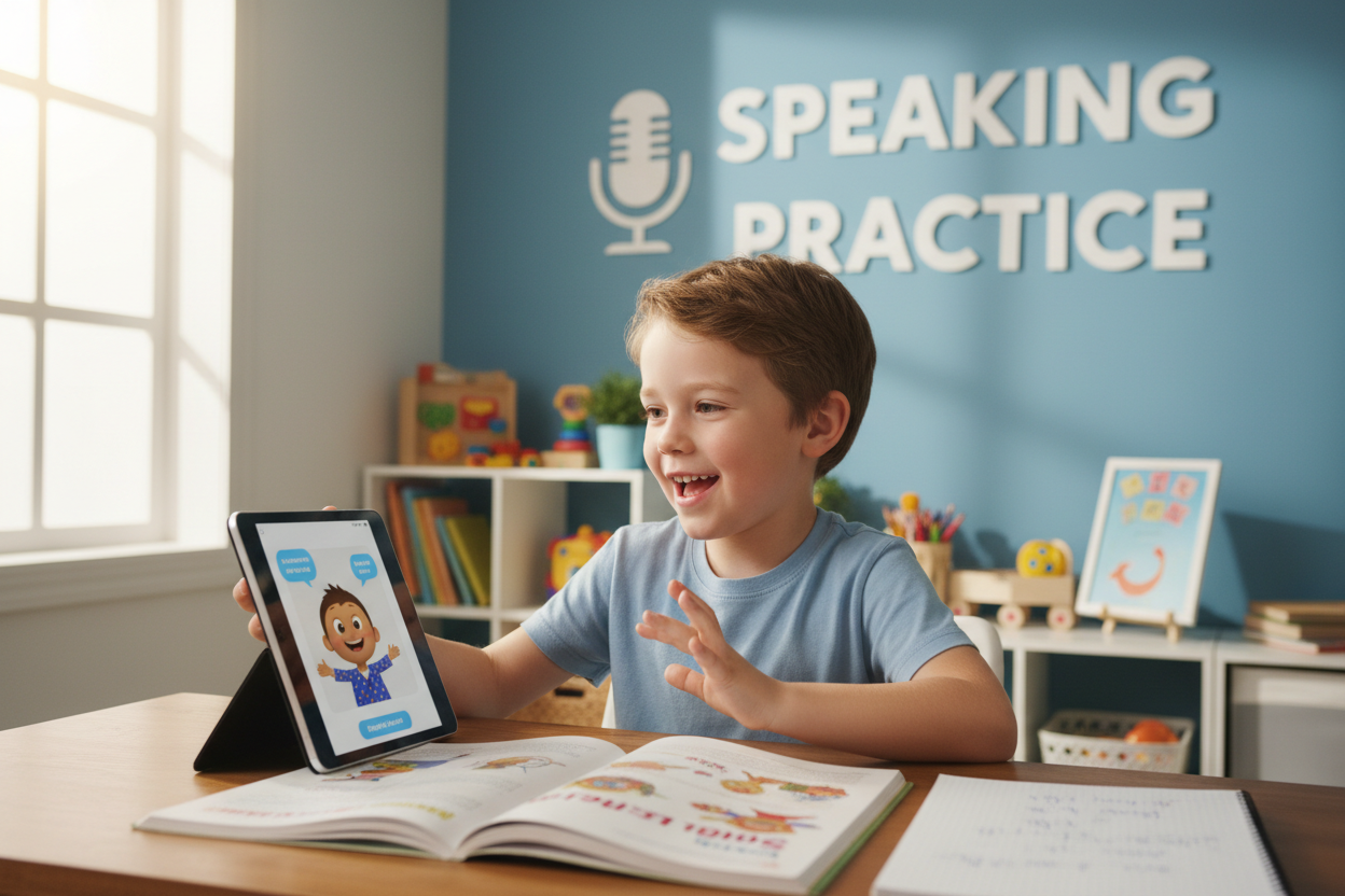 Firefly Gemini Flash create an image where a kid is practicing english speaking and also mention the word 312232