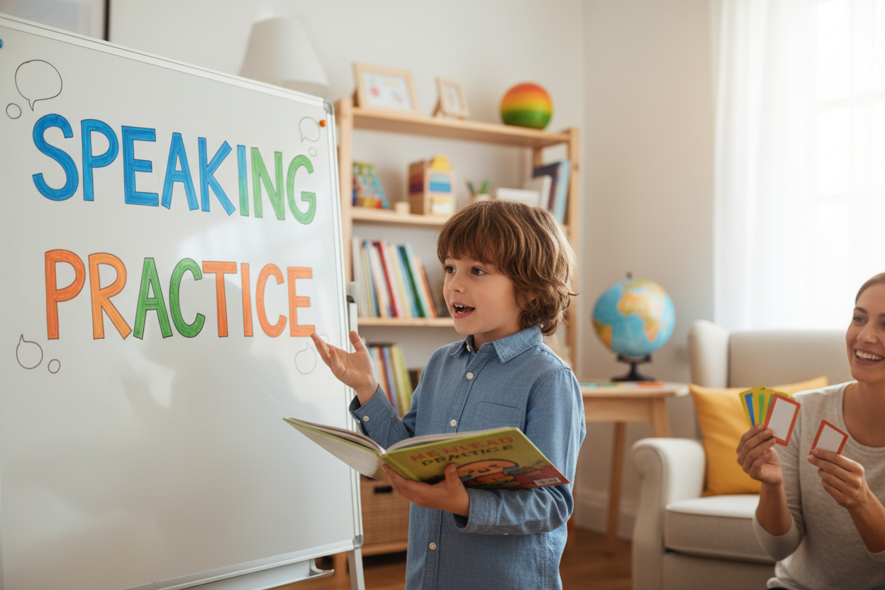 Firefly Gemini Flash create an image where a kid is practicing english speaking and also mention the word 902618