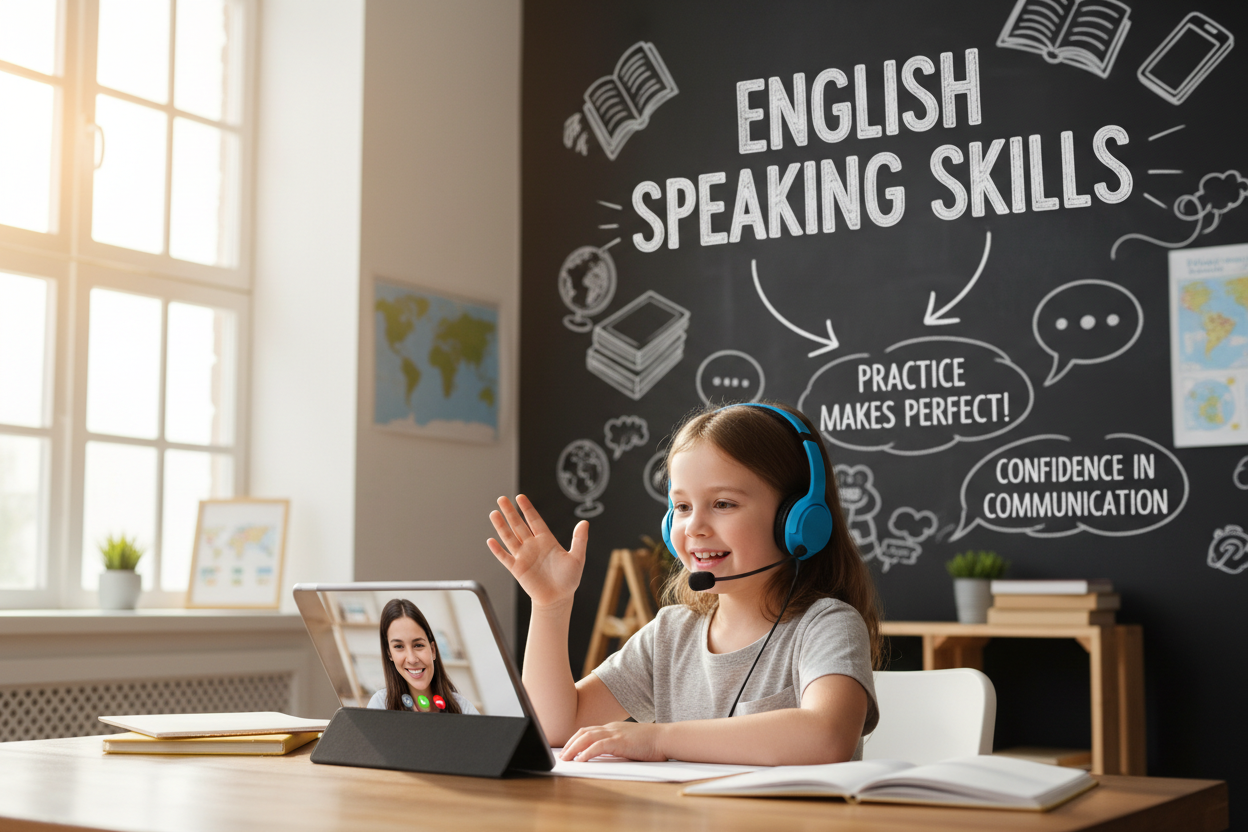 Firefly Gemini Flash create an image where a kid is improving english speaking skills and also mention the 668641