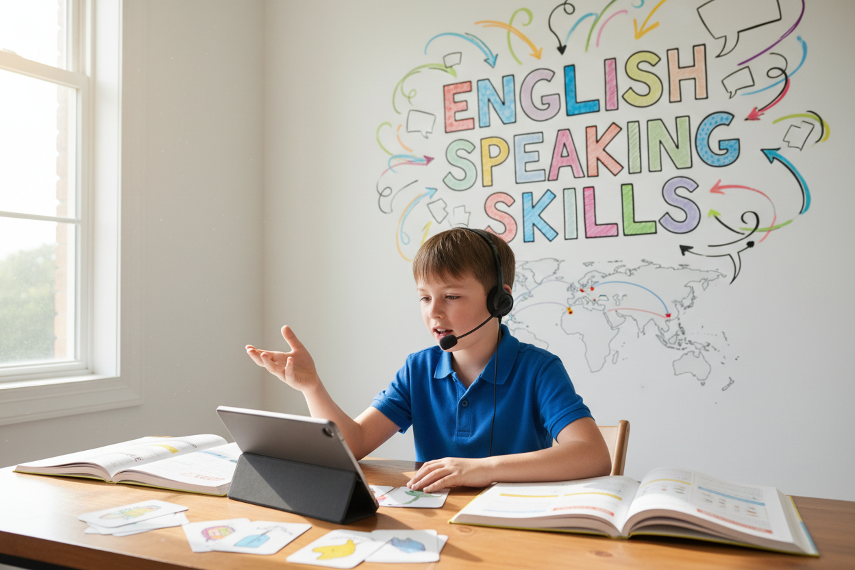 Firefly Gemini Flash create an image where a kid is improving english speaking skills and also mention the 974828