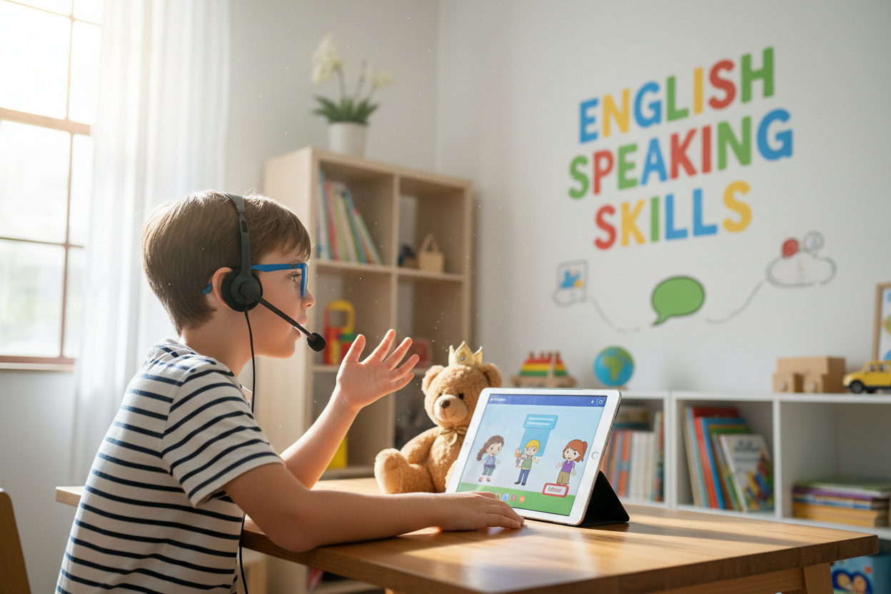 Firefly Gemini Flash create an image where a kid is improving their english speaking skills and also menti 329692