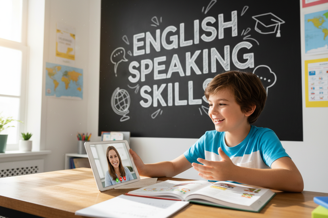 Firefly Gemini Flash create an image where a kid is improving their english speaking skills and also menti 539254