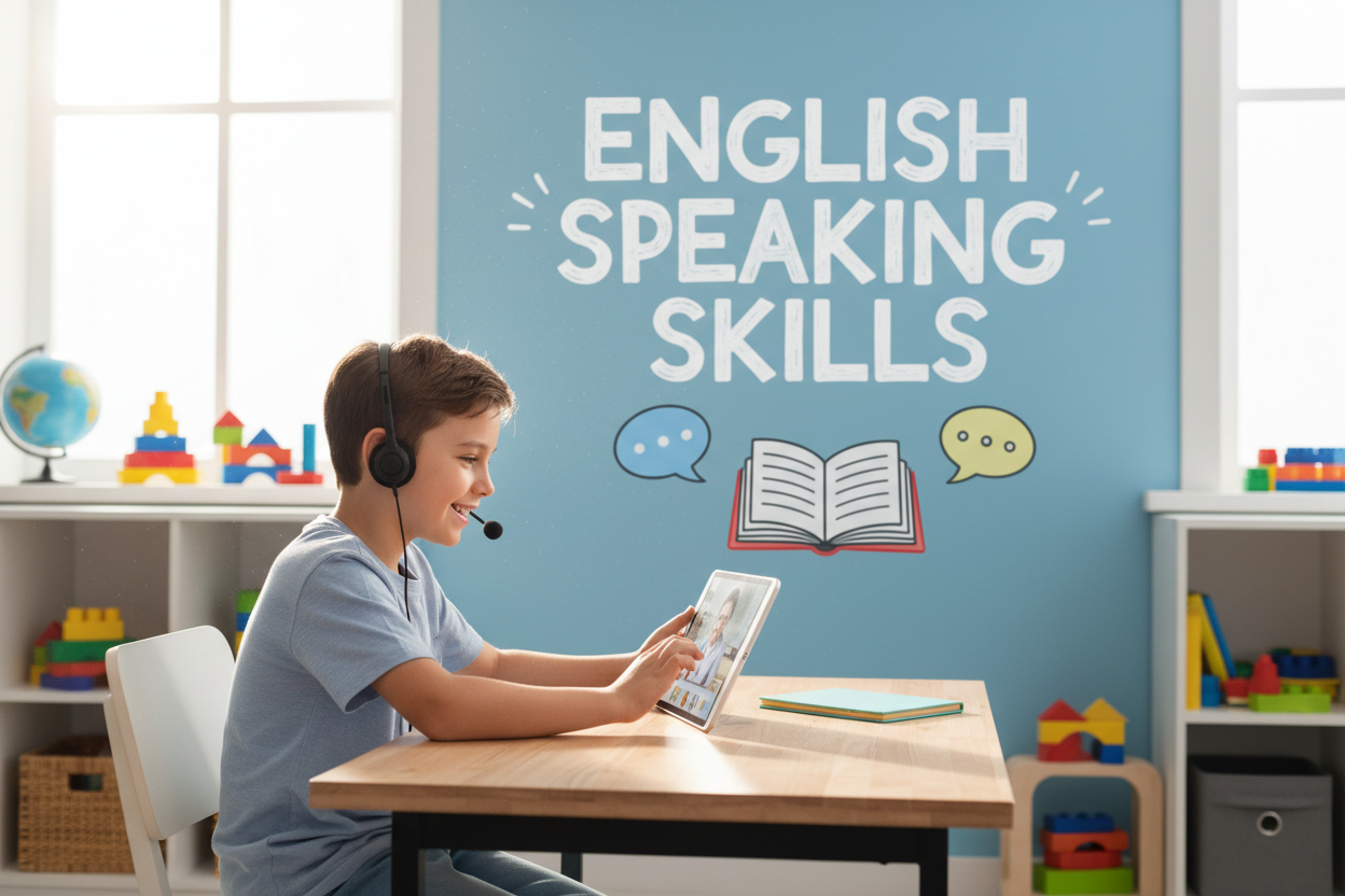 Firefly Gemini Flash create an image where a kid is improving their english speaking skills and also menti 658233