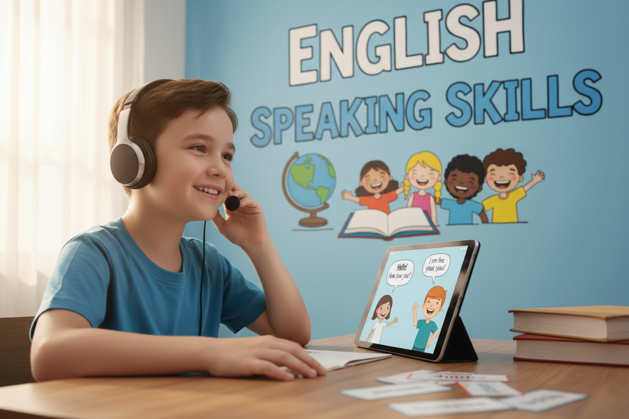 Firefly Gemini Flash create an image where a kid is improving their english speaking skills and also menti 720106