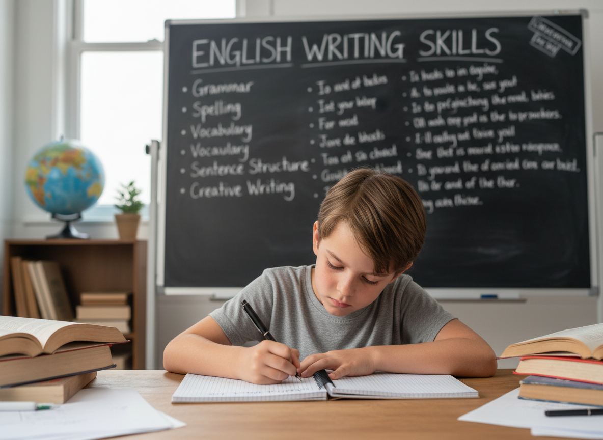 Firefly Gemini Flash create an image where a kid is improving their english writing skills and mention the 359757