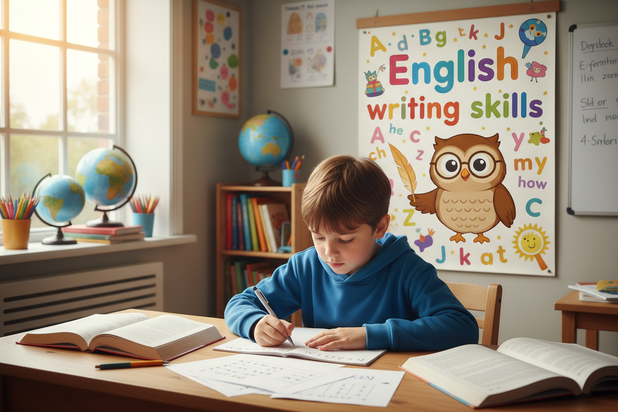Firefly Gemini Flash create an image where a kid is improving their english writing skills and mention the 407450