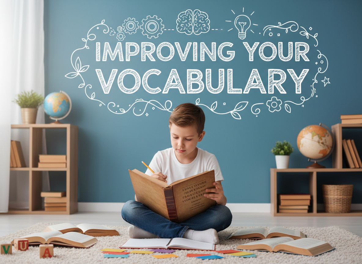 Firefly Gemini Flash create an image where a kid is improving their vocabulary and also mention the word I 437083 (1)