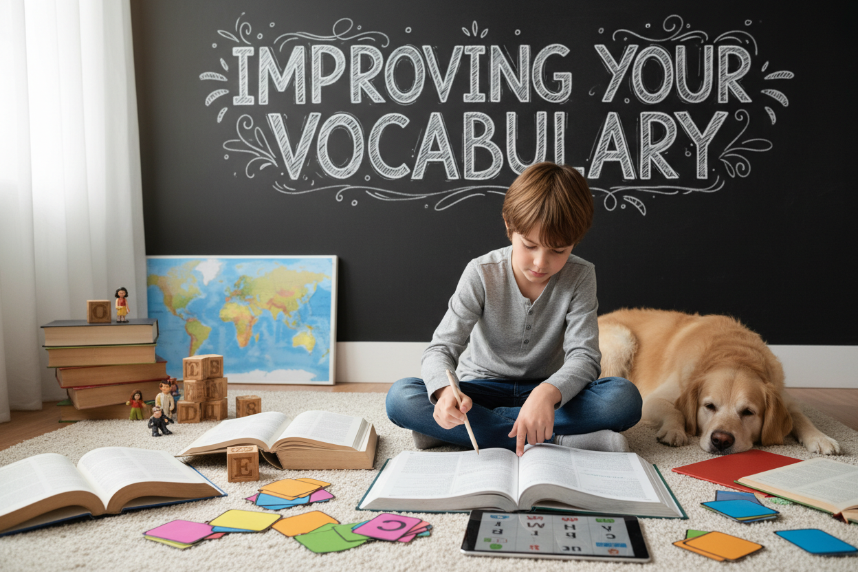 Firefly Gemini Flash create an image where a kid is improving their vocabulary and also mention the word I 84199