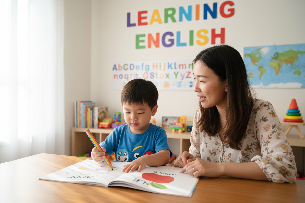 Firefly Gemini Flash create an image where a kid is learning english and also mention the word learning e 240508