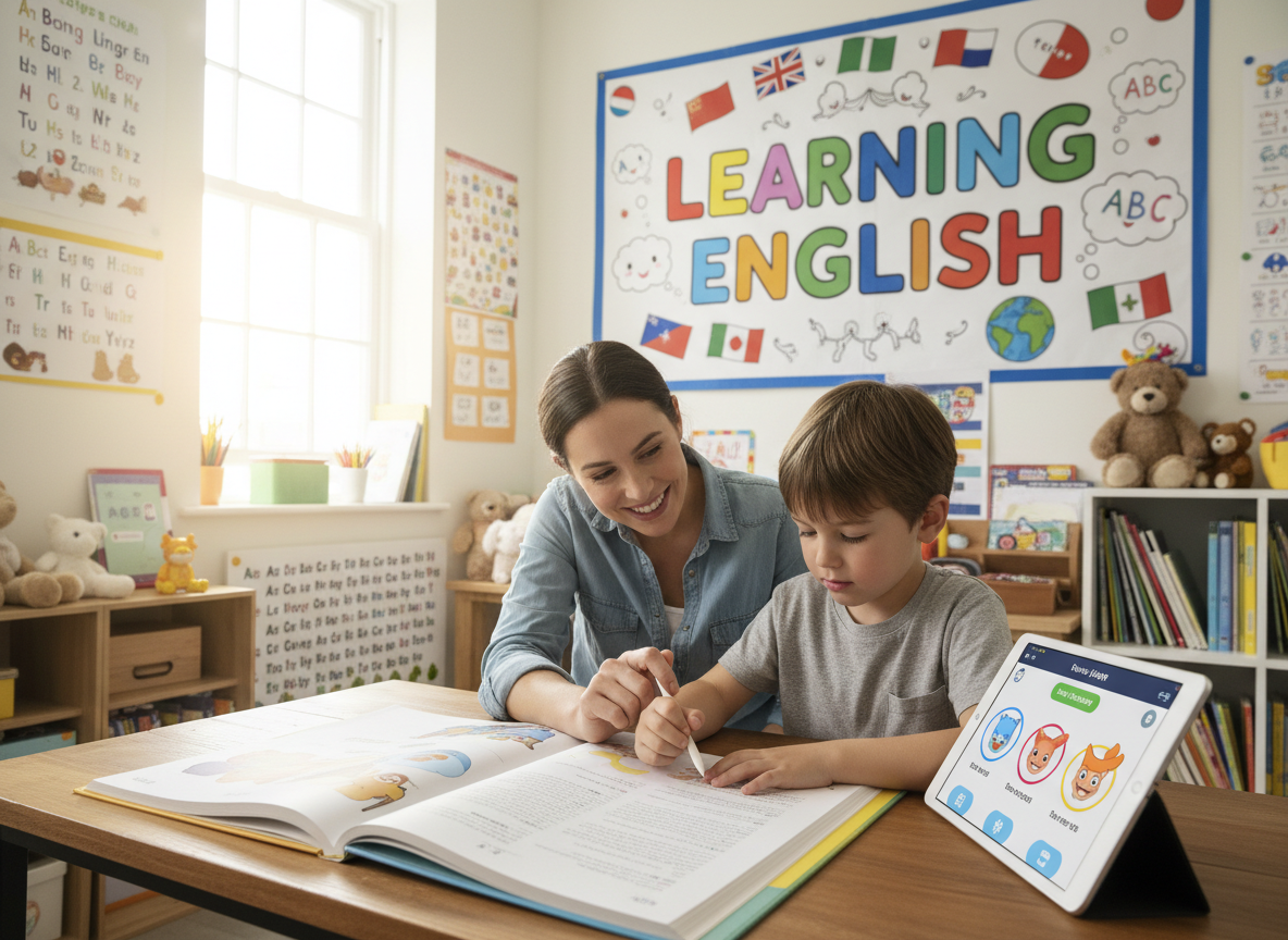 Firefly Gemini Flash create an image where a kid is learning english and also mention the word learning e 594558