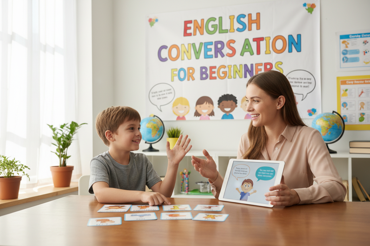 Firefly Gemini Flash create an image where a kid is learning english conversation and also mention the wor 427544