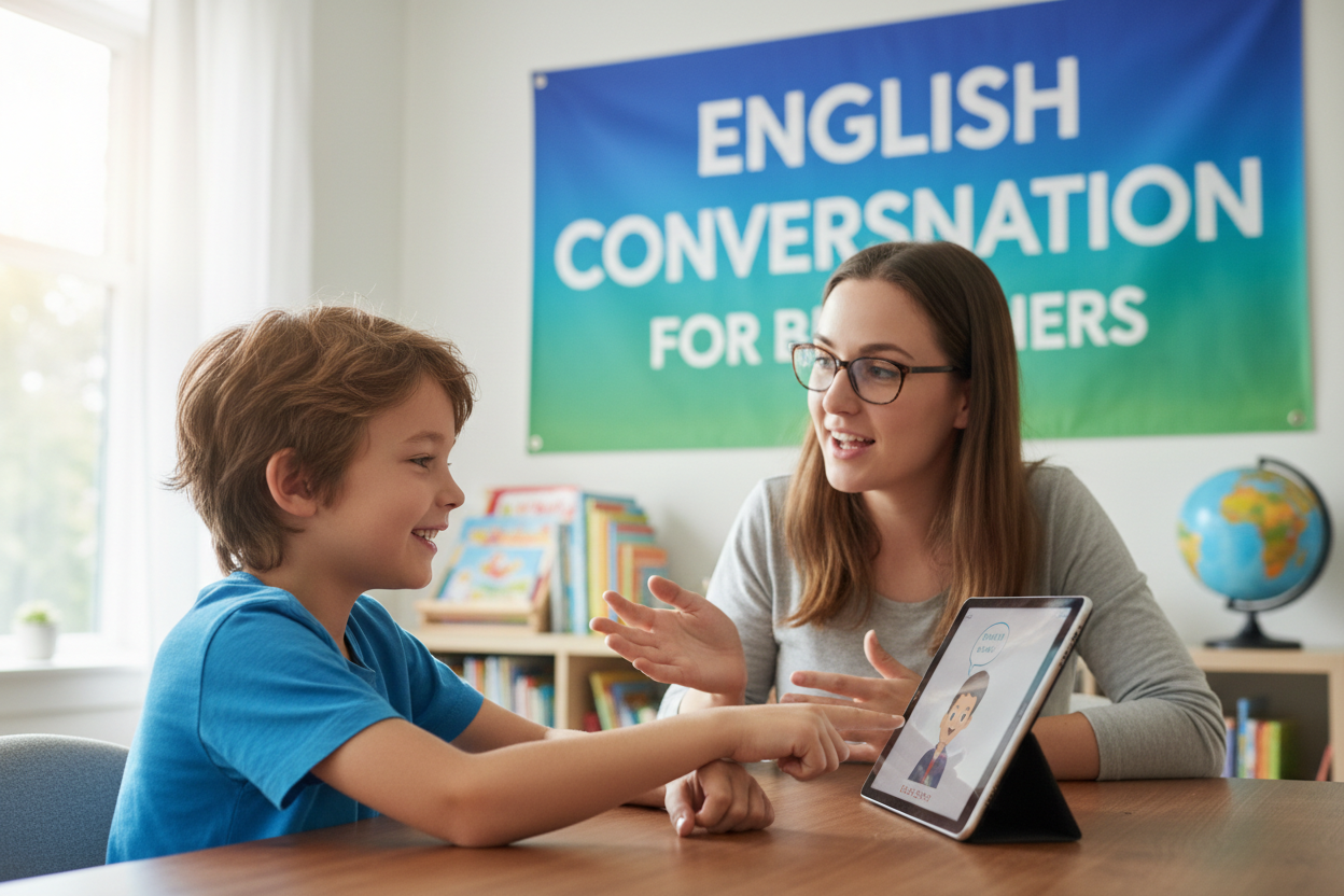 Firefly Gemini Flash create an image where a kid is learning english conversation and also mention the wor 609805