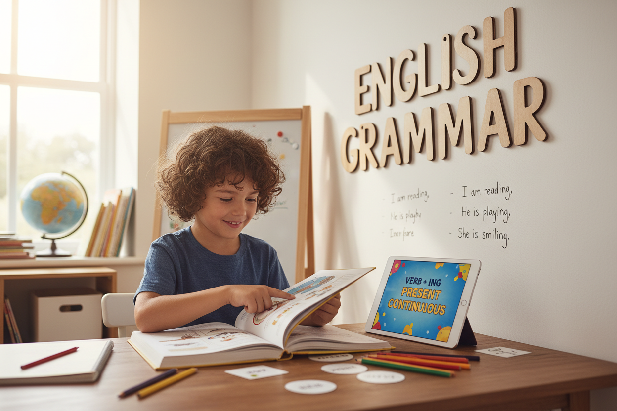 Firefly Gemini Flash create an image where a kid is learning english grammar and also mention the words En 390541