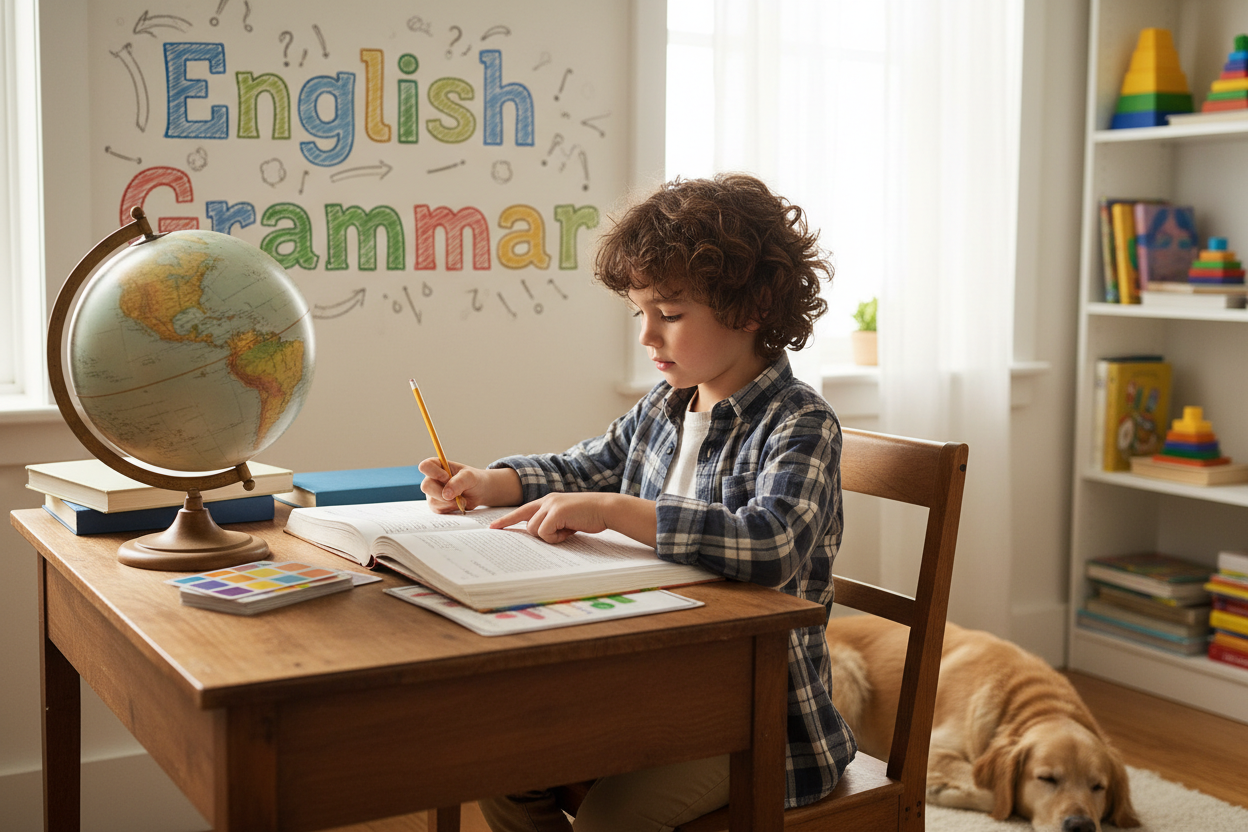 Firefly Gemini Flash create an image where a kid is learning english grammar and also mention the words En 780136