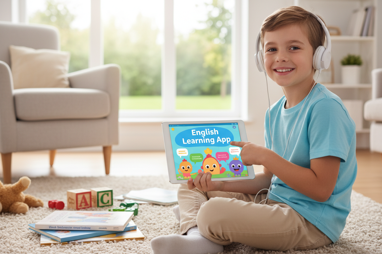 Firefly Gemini Flash create an image where a kid is learning english with the help of english learning app 225668