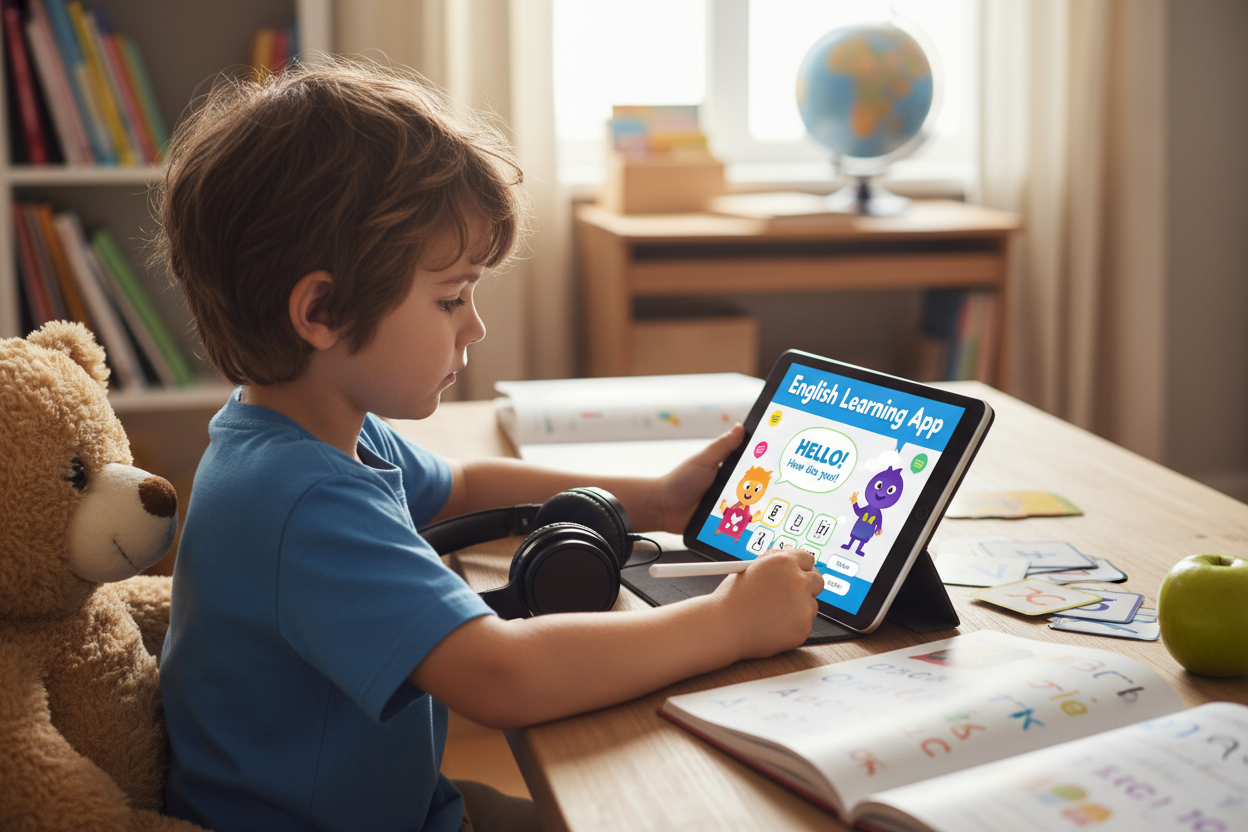 Firefly Gemini Flash create an image where a kid is learning english with the help of english learning app 714279