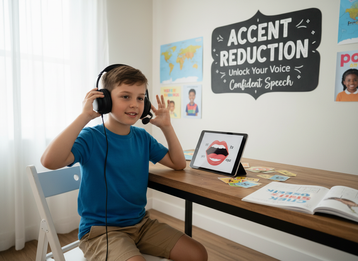 Firefly Gemini Flash create an image where a kid is practicing accent reduction which helps for confident 429743
