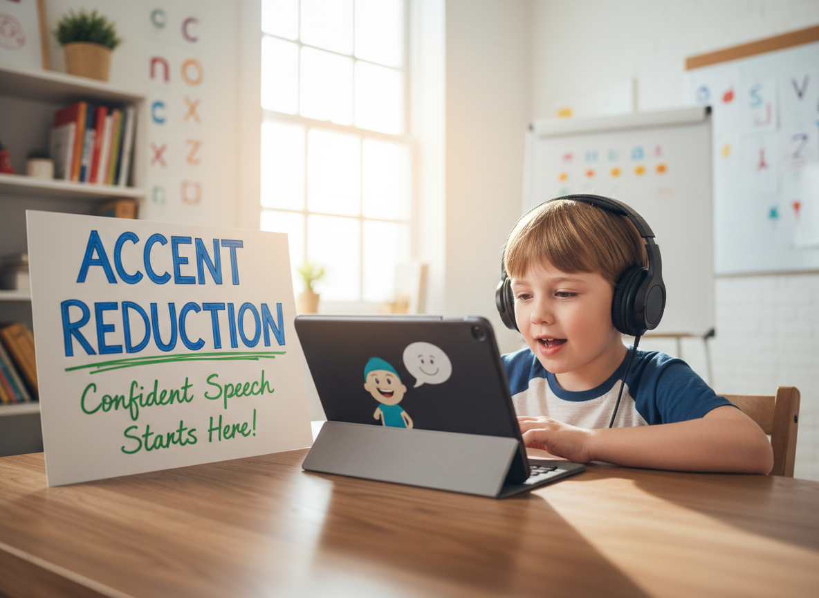 Firefly Gemini Flash create an image where a kid is practicing accent reduction which helps for confident 52749