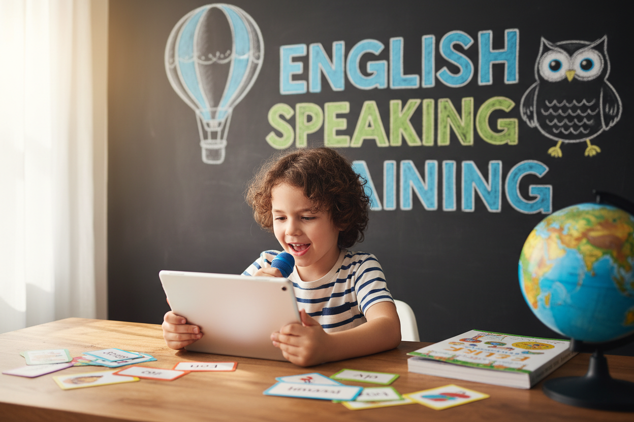 Firefly Gemini Flash create an image where a kid is practicing english speaking skills and also mention th 506816