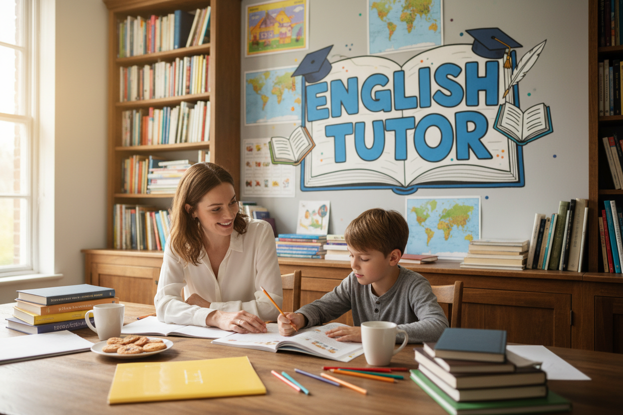 Firefly Gemini Flash create an image where an english tutor is tteaching to a kid and mention the words En 399836