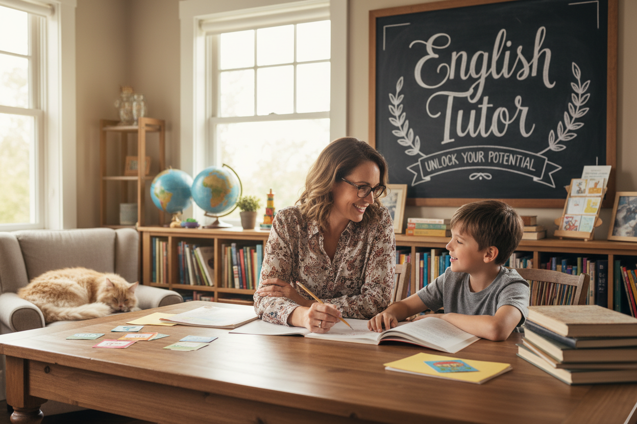 Firefly Gemini Flash create an image where an english tutor is tteaching to a kid and mention the words En 908069