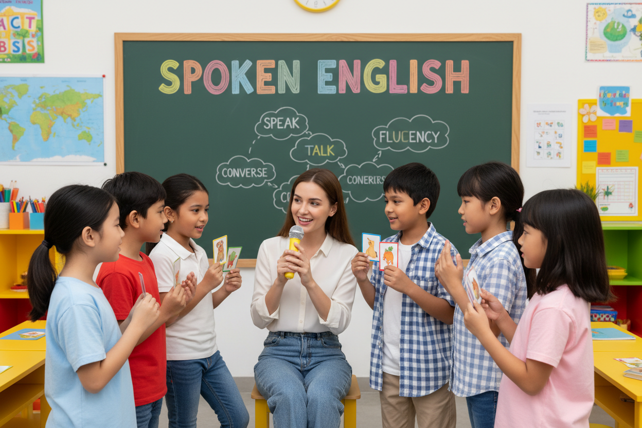 Firefly Gemini Flash Create an image where kids are improving their spoken english and also mention the w 445091