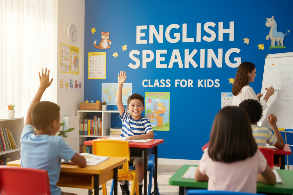 Firefly Gemini Flash create an image a kid is attending english speaking classes and also mention the word 831327