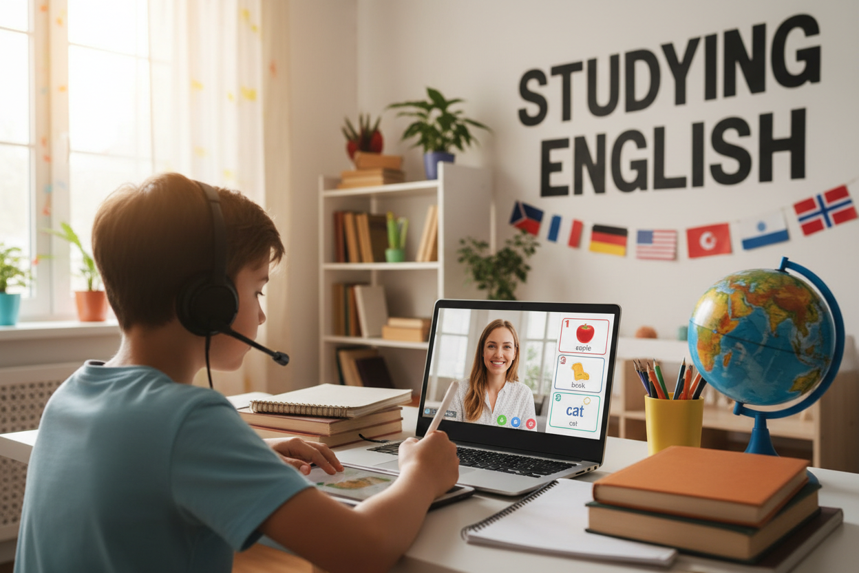 Firefly Gemini Flash create an image a kid is studying english onine and also mention the words Studying 241594