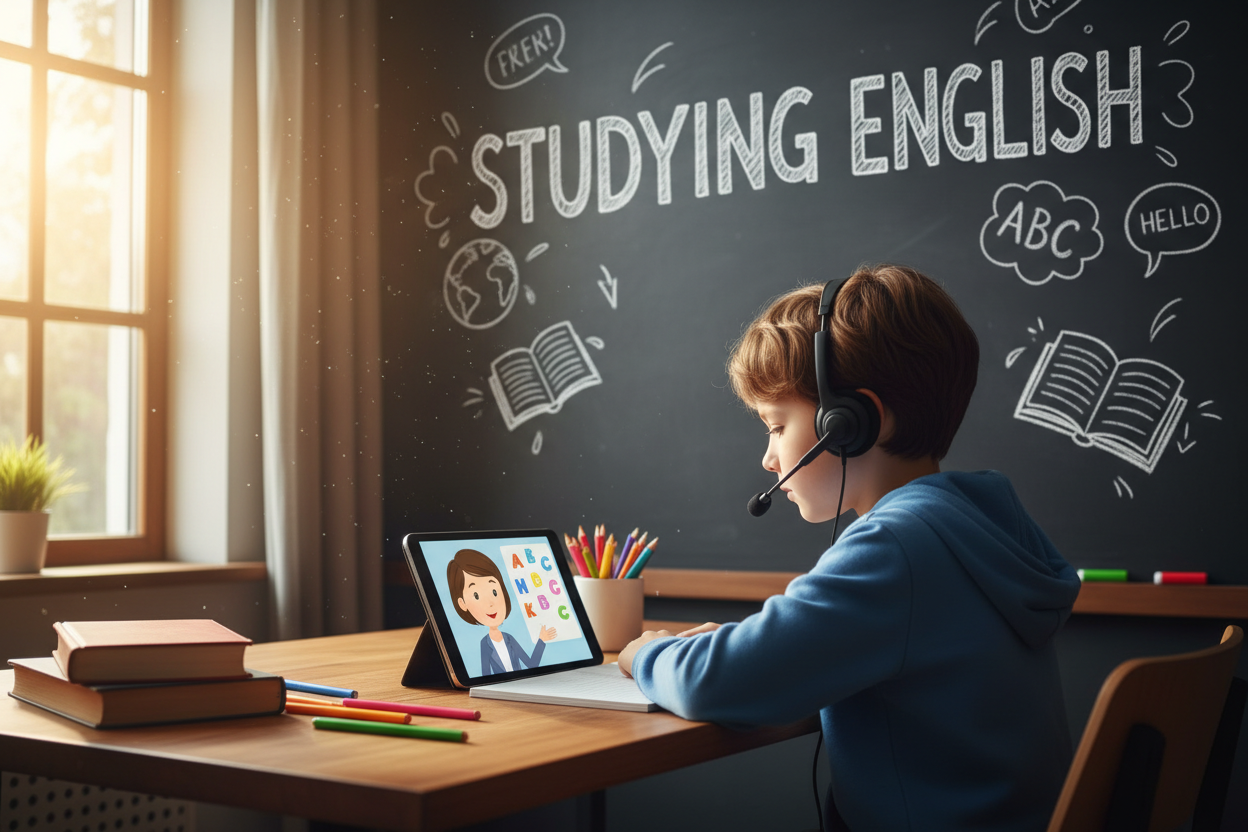 Firefly Gemini Flash create an image a kid is studying english onine and also mention the words Studying 375360