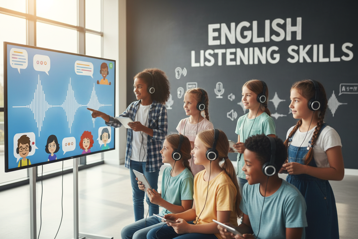 Firefly Gemini Flash create an image on improving their english listening skills and also mention the wor 510645