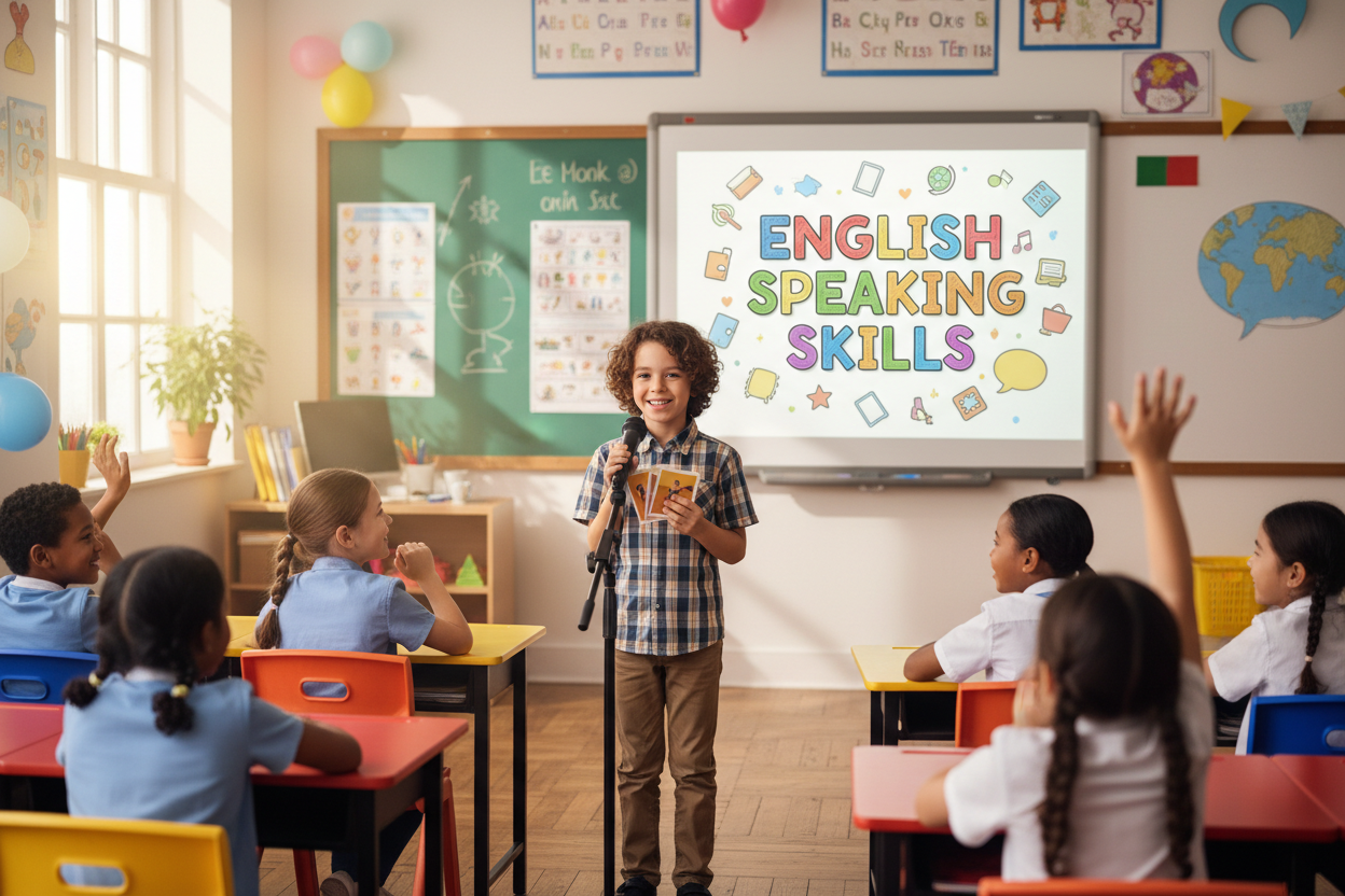 Firefly Gemini Flash create an image where a kid is improving english speaking skills and also mention the 283030