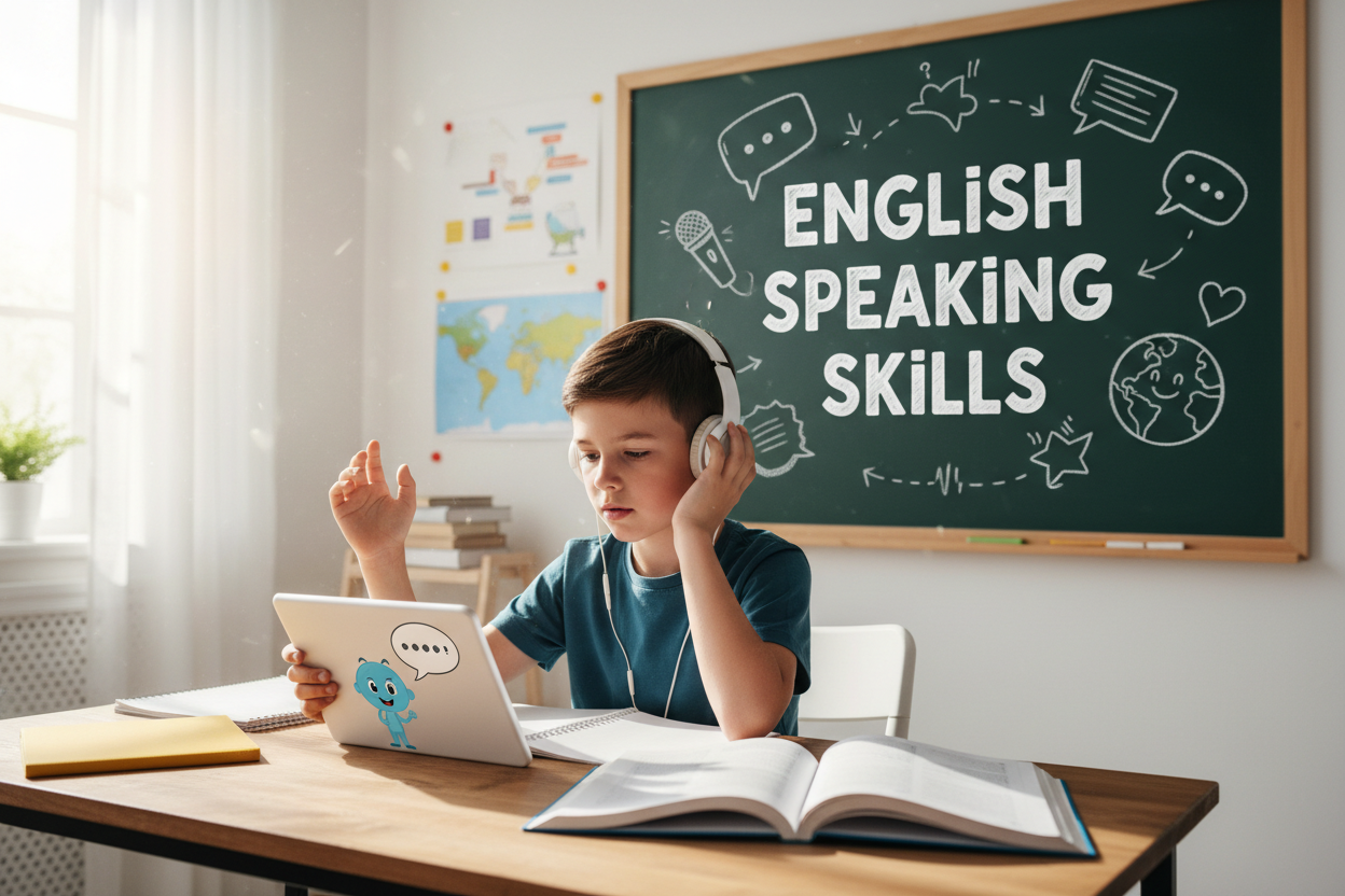 Firefly Gemini Flash create an image where a kid is improving english speaking skills and also mention the 413937