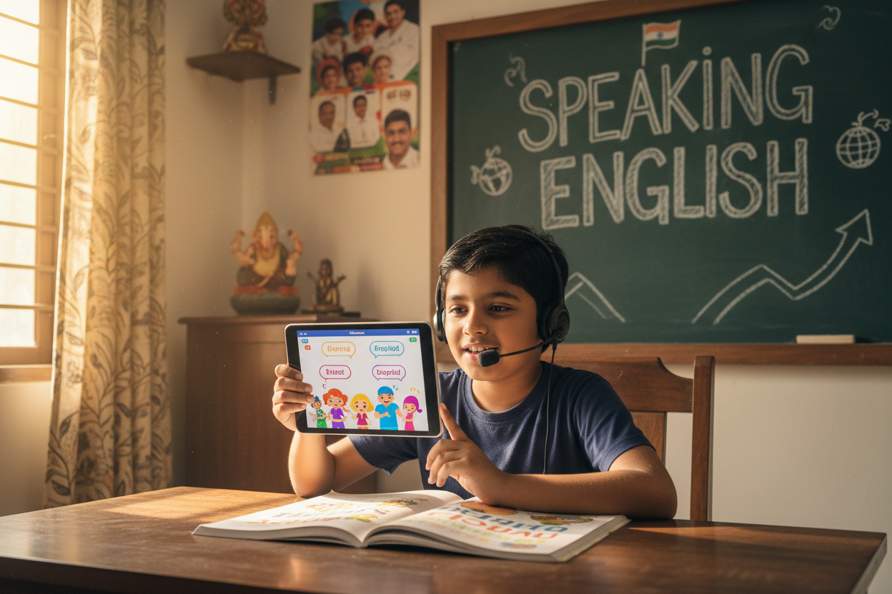 Firefly Gemini Flash create an image where a kid is improving speaking english and also mention the words 803725