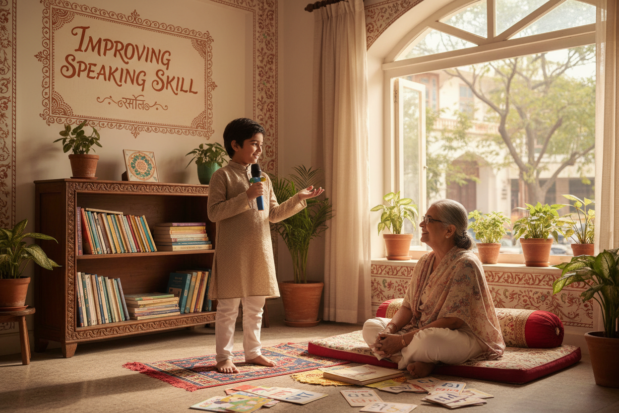 Firefly Gemini Flash create an image where a kid is improving their speaking skills and also mention the w 399652