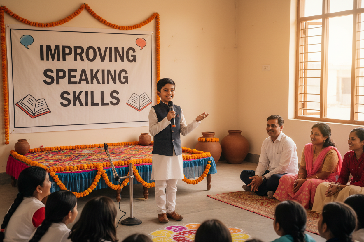 Firefly Gemini Flash create an image where a kid is improving their speaking skills and also mention the w 529811