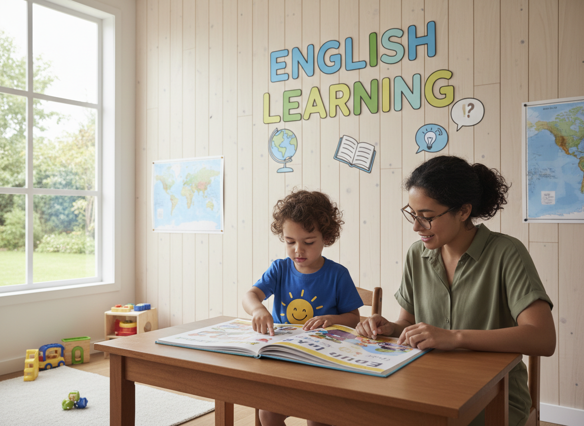 Firefly Gemini Flash create an image where a kid is learning english and also mention the words English 502677