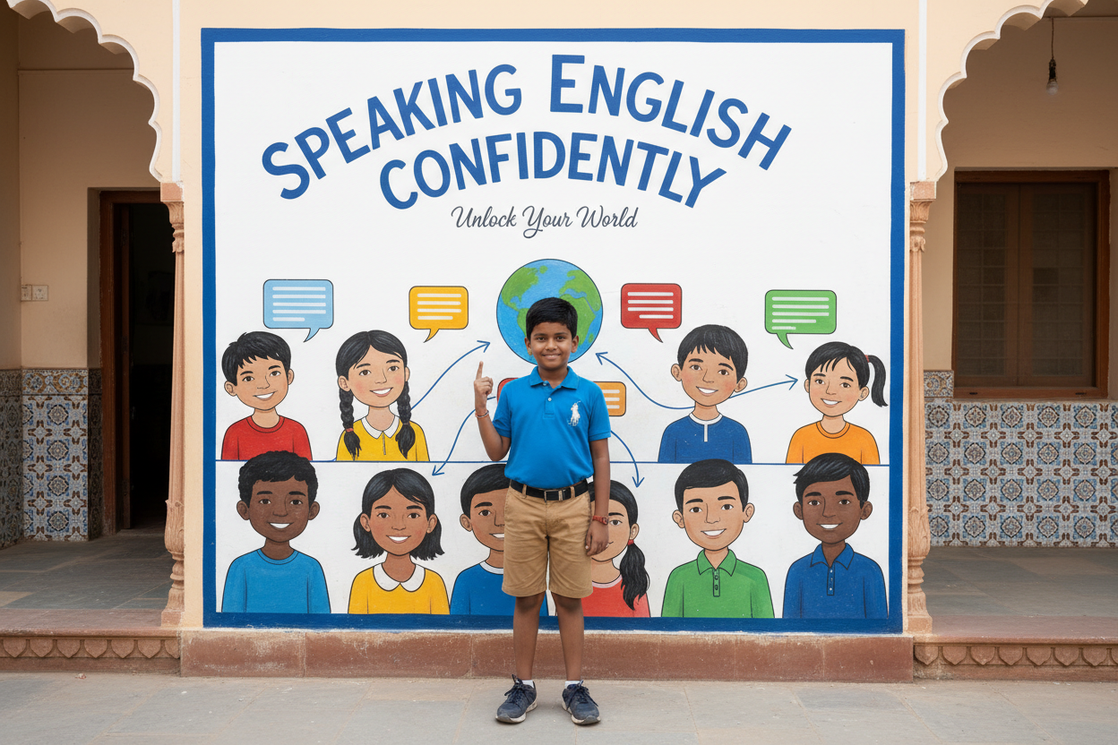 Firefly Gemini Flash create an image where a kid is speaking english confidently and also mention the word 182803