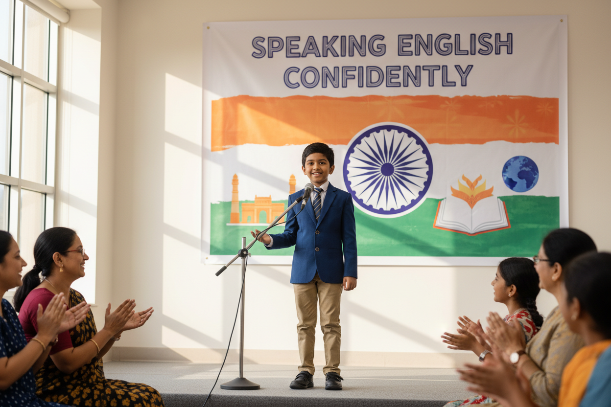 Firefly Gemini Flash create an image where a kid is speaking english confidently and also mention the word 704220