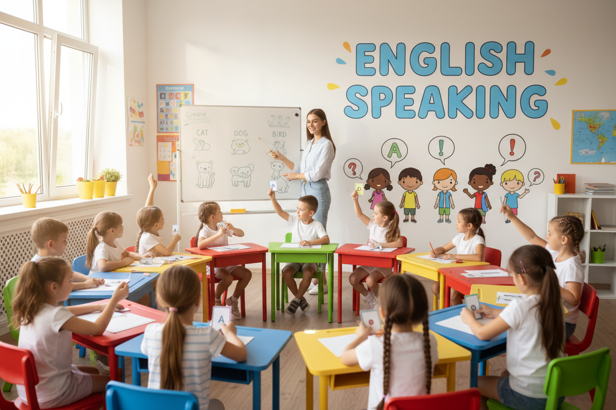 Firefly Gemini Flash create an image where a kids are attending english classes and also mention the words 732113 (1)