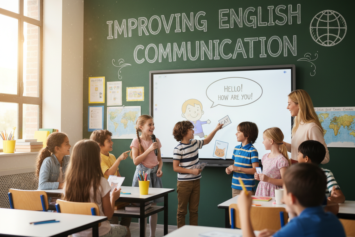 Firefly Gemini Flash create an image where a kids are improving english communication and also mention the 482900 (1)