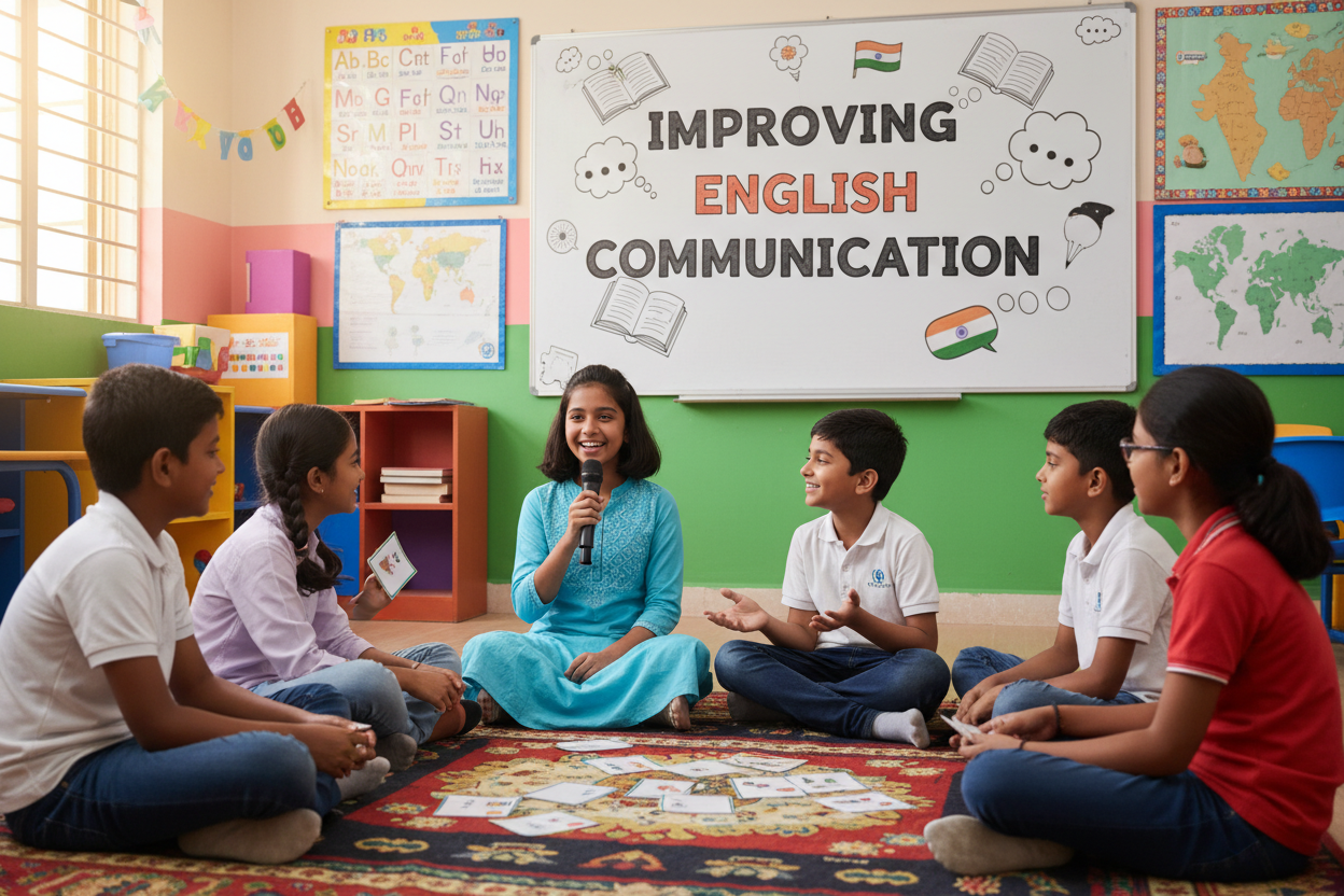 Firefly Gemini Flash create an image where a kids are improving english communication and also mention the 615883