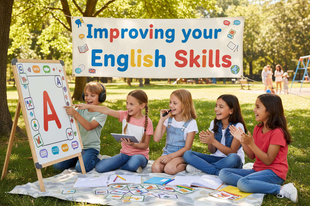 Firefly Gemini Flash create an image where a kids are improving english skills and also mention the words 39083 (1)