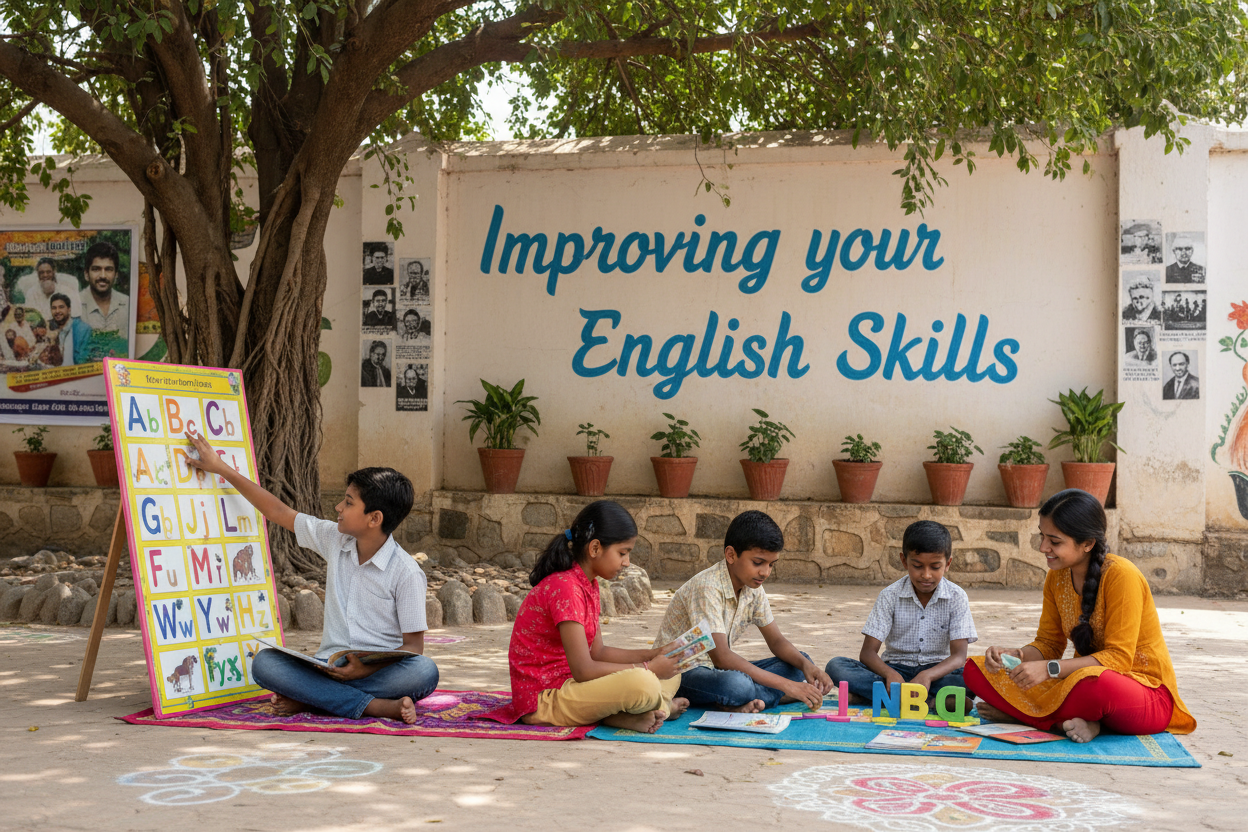 Firefly Gemini Flash create an image where a kids are improving english skills and also mention the words 39083