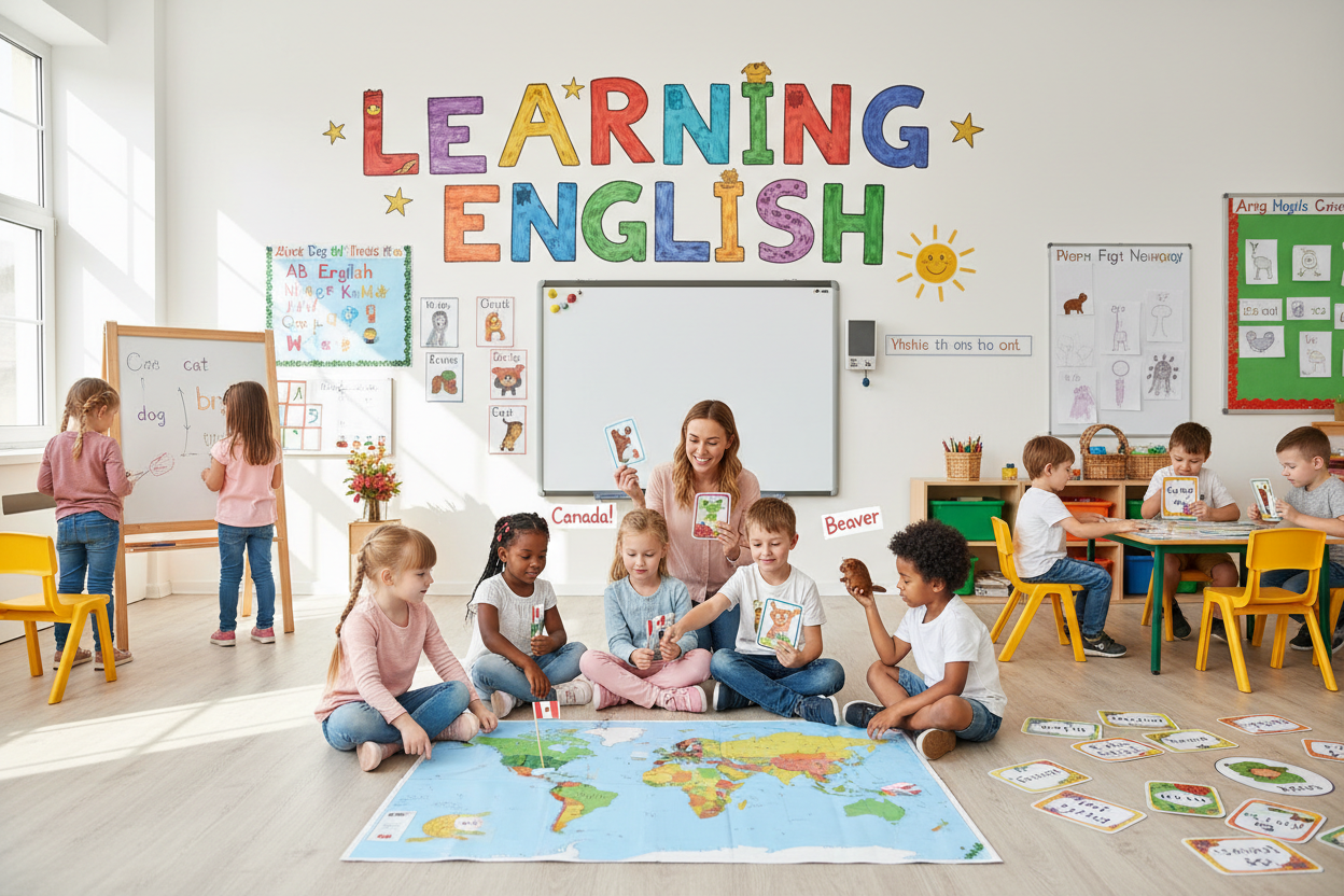 Firefly Gemini Flash create an image where a kids are learning english naturally and also mention the word 312403