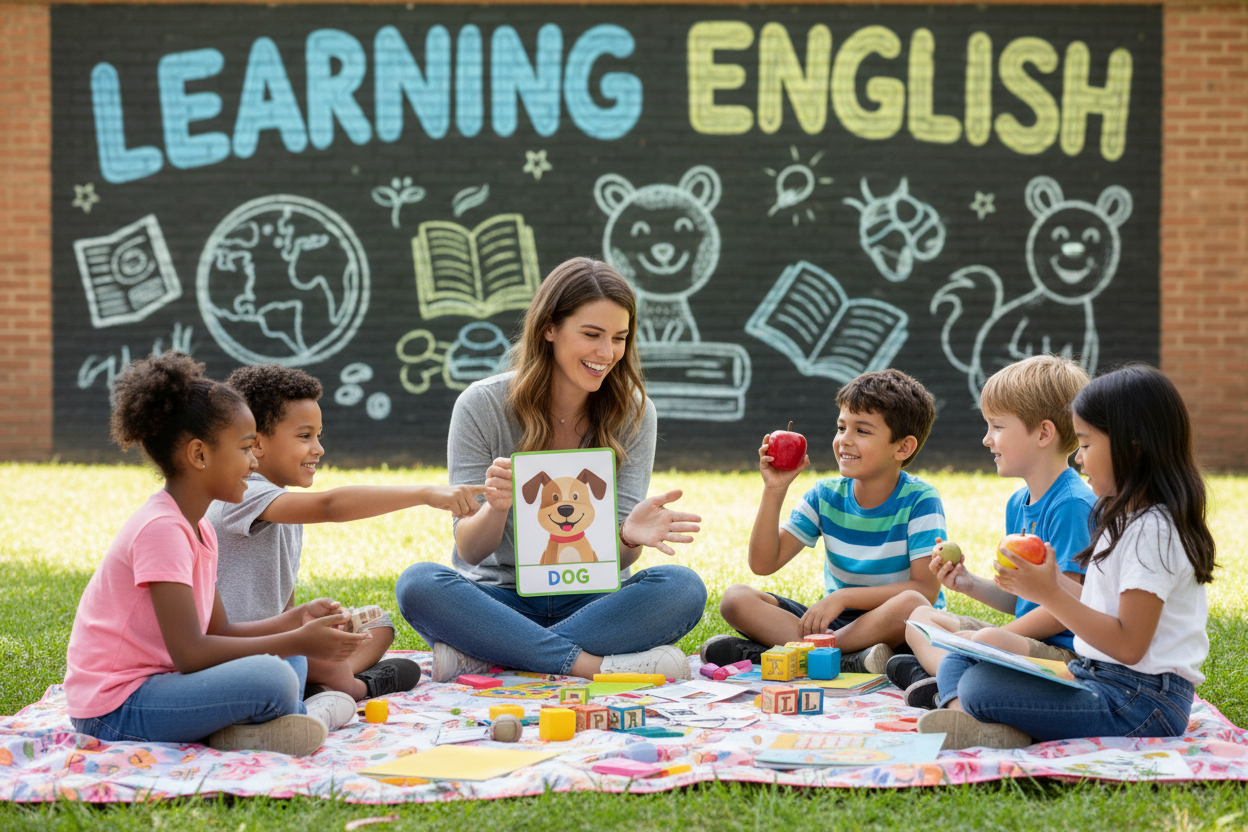 Firefly Gemini Flash create an image where a kids are learning english naturally and also mention the word 482900